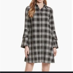 Alice and Olivia Jem Ruffle Sleeve Plaid Shirt Dress Black White Long Sleeve XS